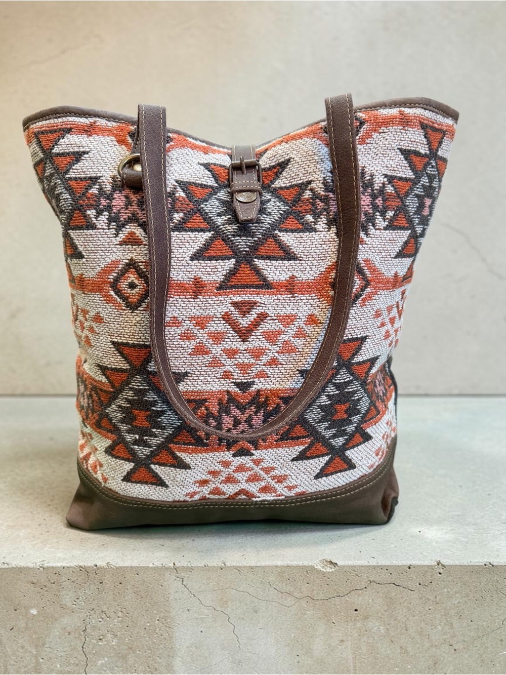 Myra Bag Southwestern Woven Canvas Leather Tote Shoulder Bag Boho Western Aztec